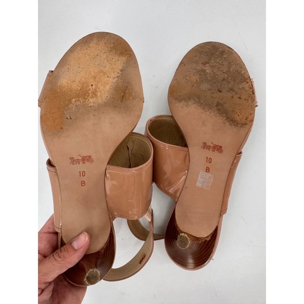 Coach Slingback Sandals Women 10B Tan Patent Leather Turnlock Kitten Heels Read